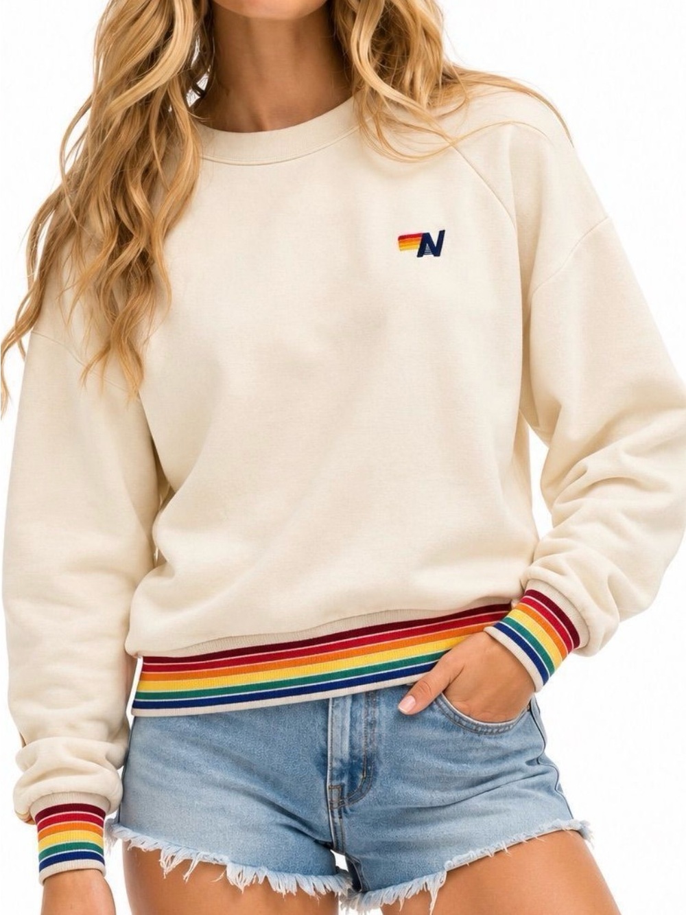Aviator Nation Cream Sweatshirt with Rainbow Stripe Trim